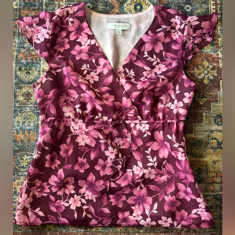 Ann Taylor Burgundy and Pink Floral Blouse